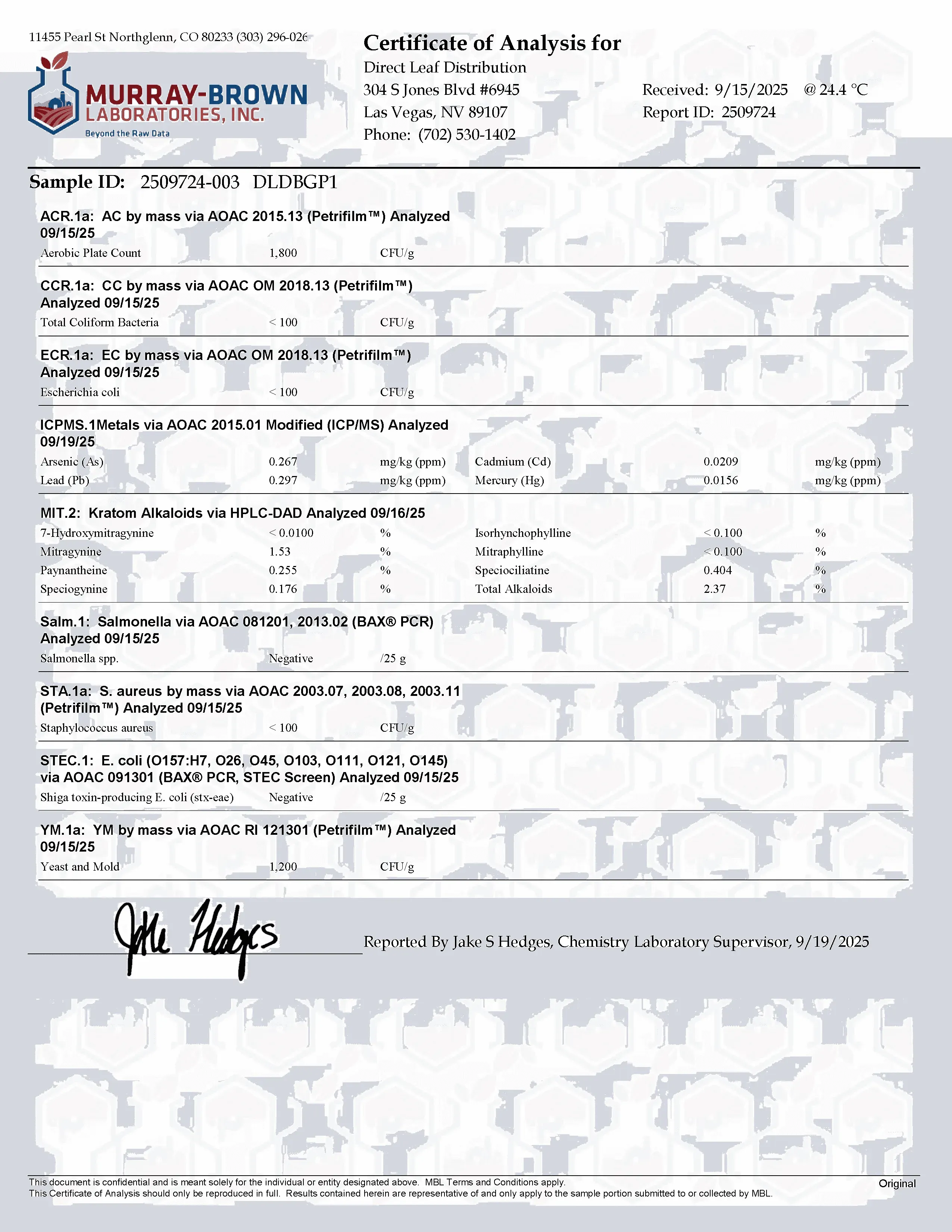 Kratom lab report Certificate of Analysis Batch #2509724-003 (Direct Leaf Distribution)